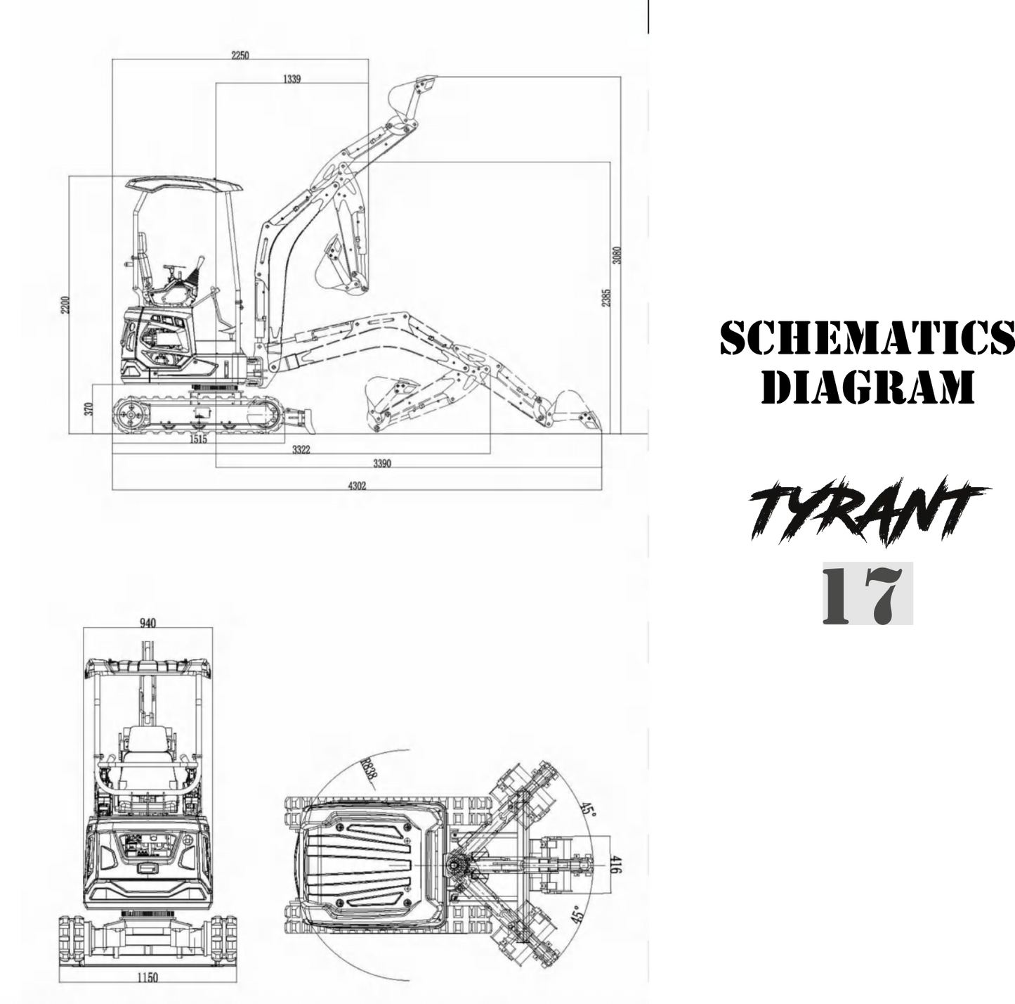 3800lbs TYRANT 17 Diesel Mini Excavator Kubota D902 Engine Side Swing w 12 attachments