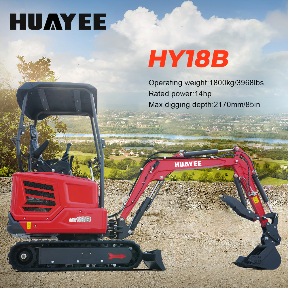 Mini Excavator with 14hp Kubota Engine | Hydraulic Thumb, Side Swing & Canopy | HUAYEE HY18B
