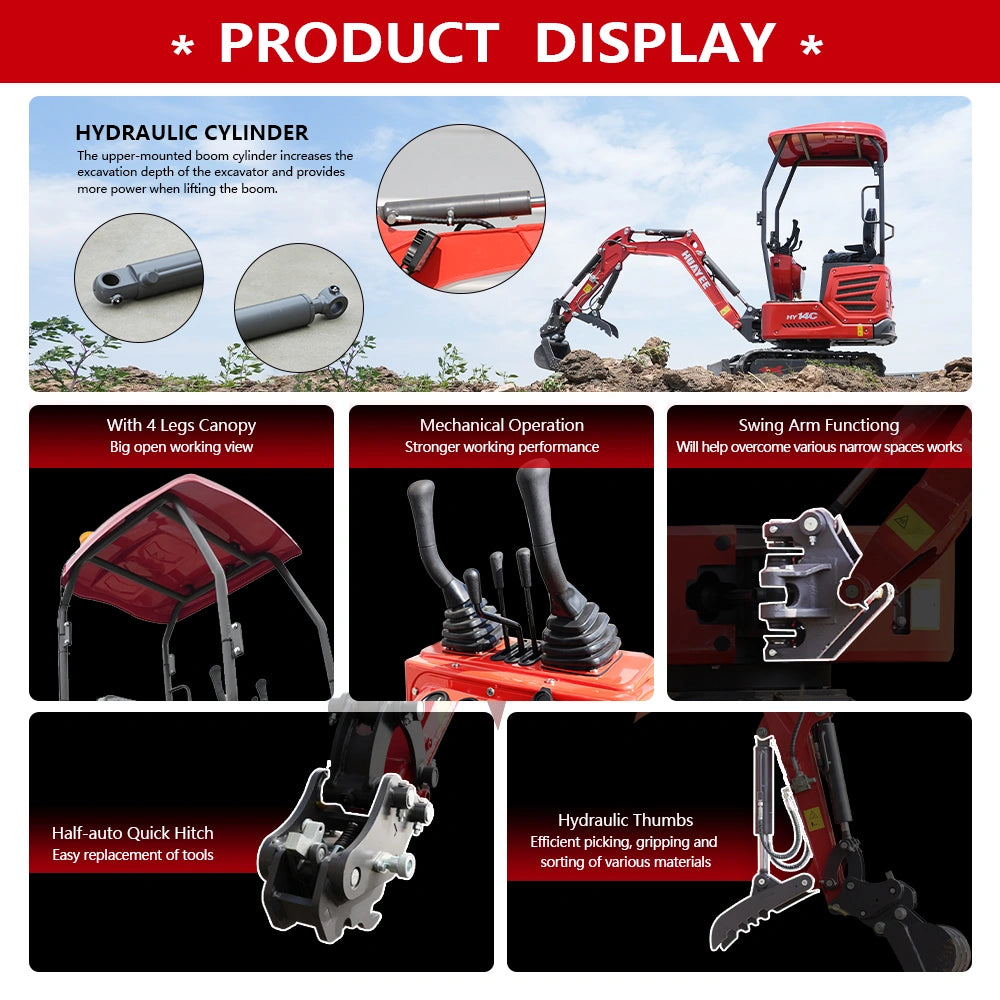 Mini Excavator with Hydraulic Thumb & Side Swing Boom - 13.5hp B&S Engine | HUAYEE HY14C