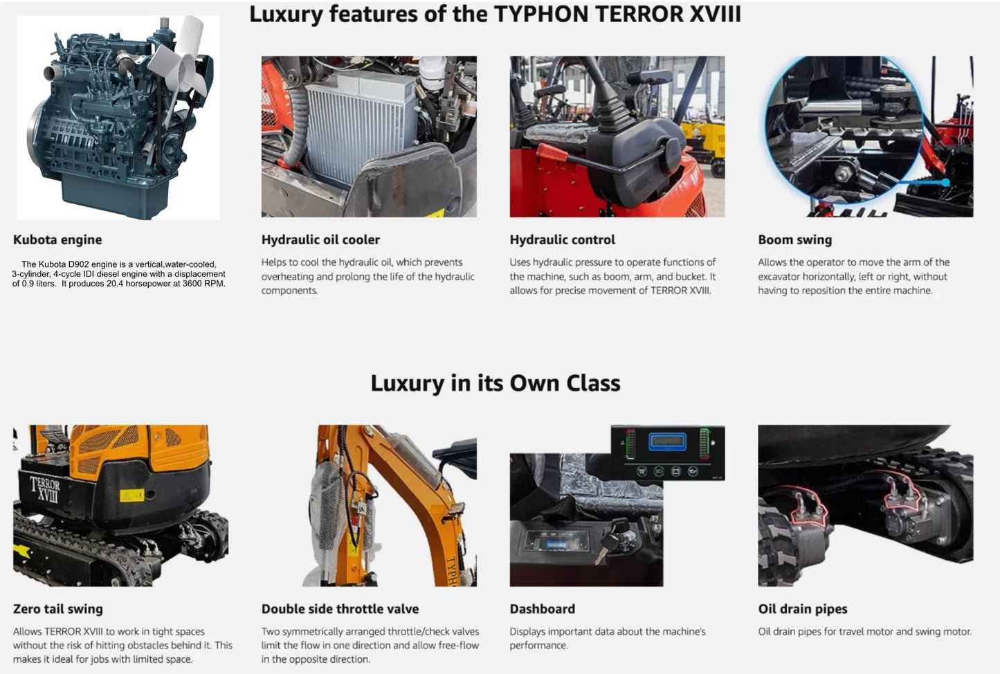 TYPHON TERROR XVIII Mini Excavator – 4000lbs EPA Certified USA KUBOTA D902 engine