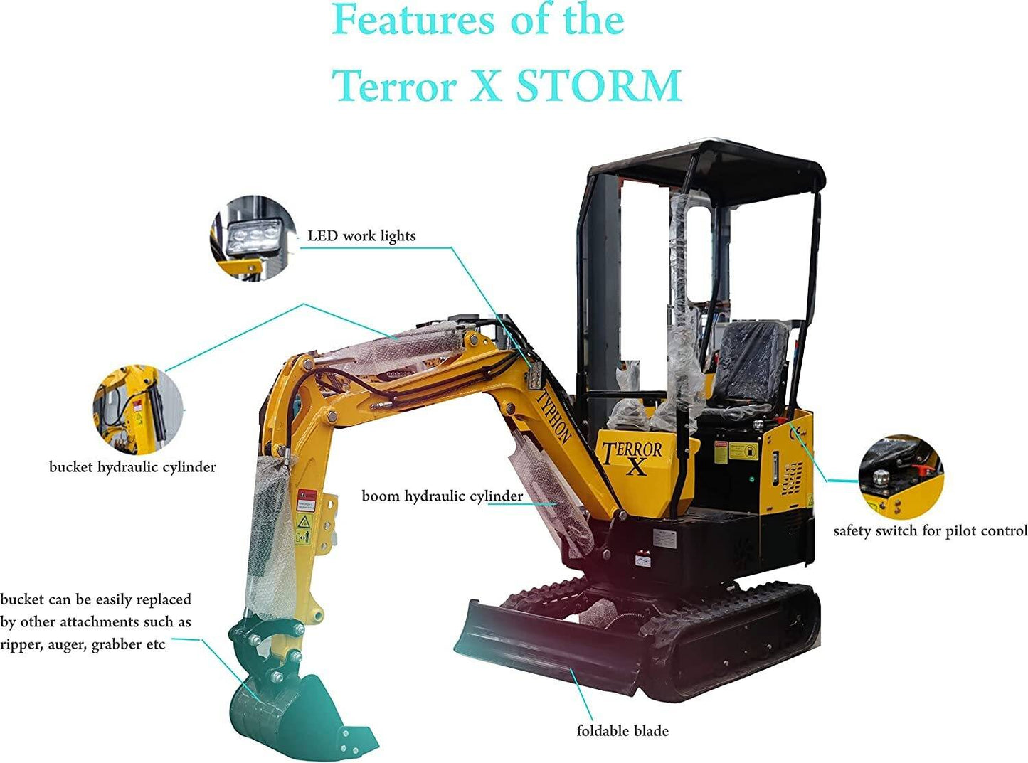 TYPHON TERROR X STORM Mini Excavator – 1 Ton Trench Digger with Canopy, Hydraulic Thumb Clip, Bucket USA