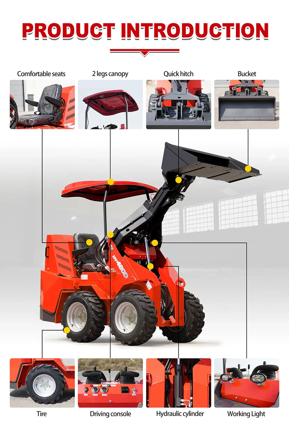 Mini Wheel Skid Steer Loader with 23 hp B&S Engine & Canopy | HUAYEE HY480D