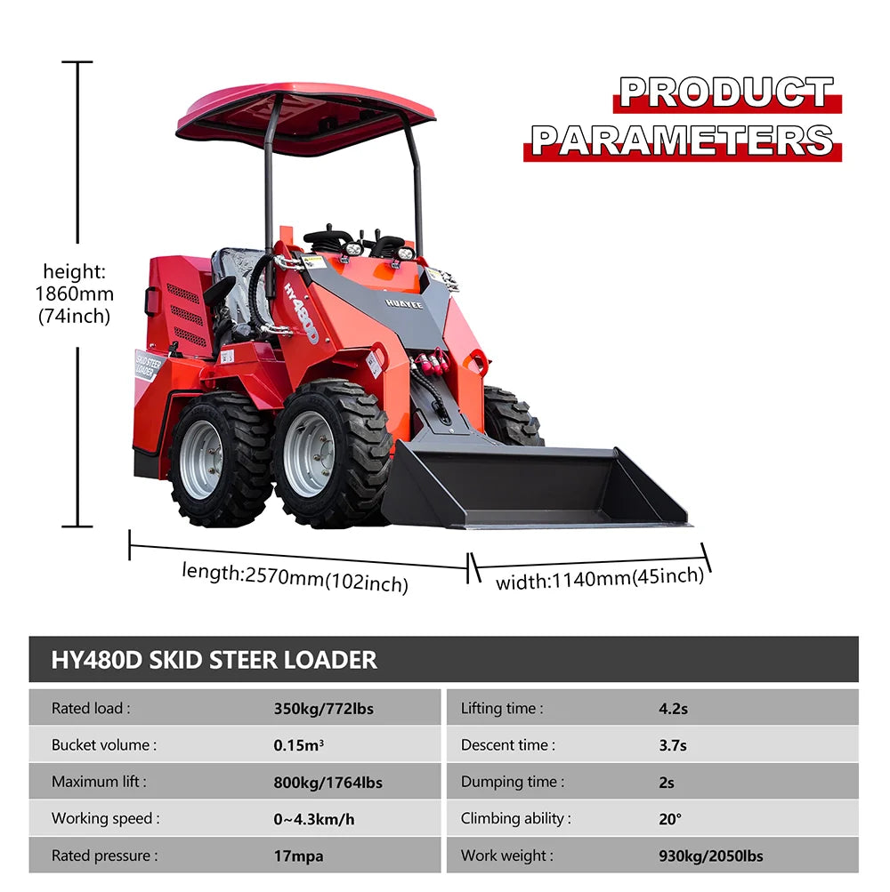 Mini Wheel Skid Steer Loader with 23 hp B&S Engine & Canopy | HUAYEE HY480D