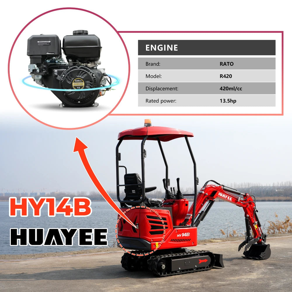 1.4-Ton Mini Excavator with Hydraulic Thumb Clamp & Canopy | 13.5 hp RATO Engine | HY14B
