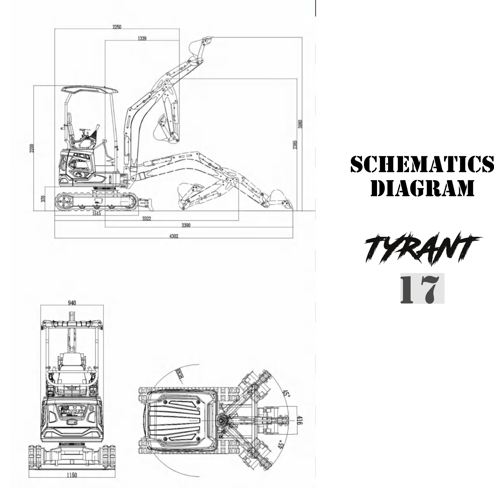 3800lbs TYRANT 17 Diesel Mini Excavator Kubota D902 Engine Side Swing w 12 attachments