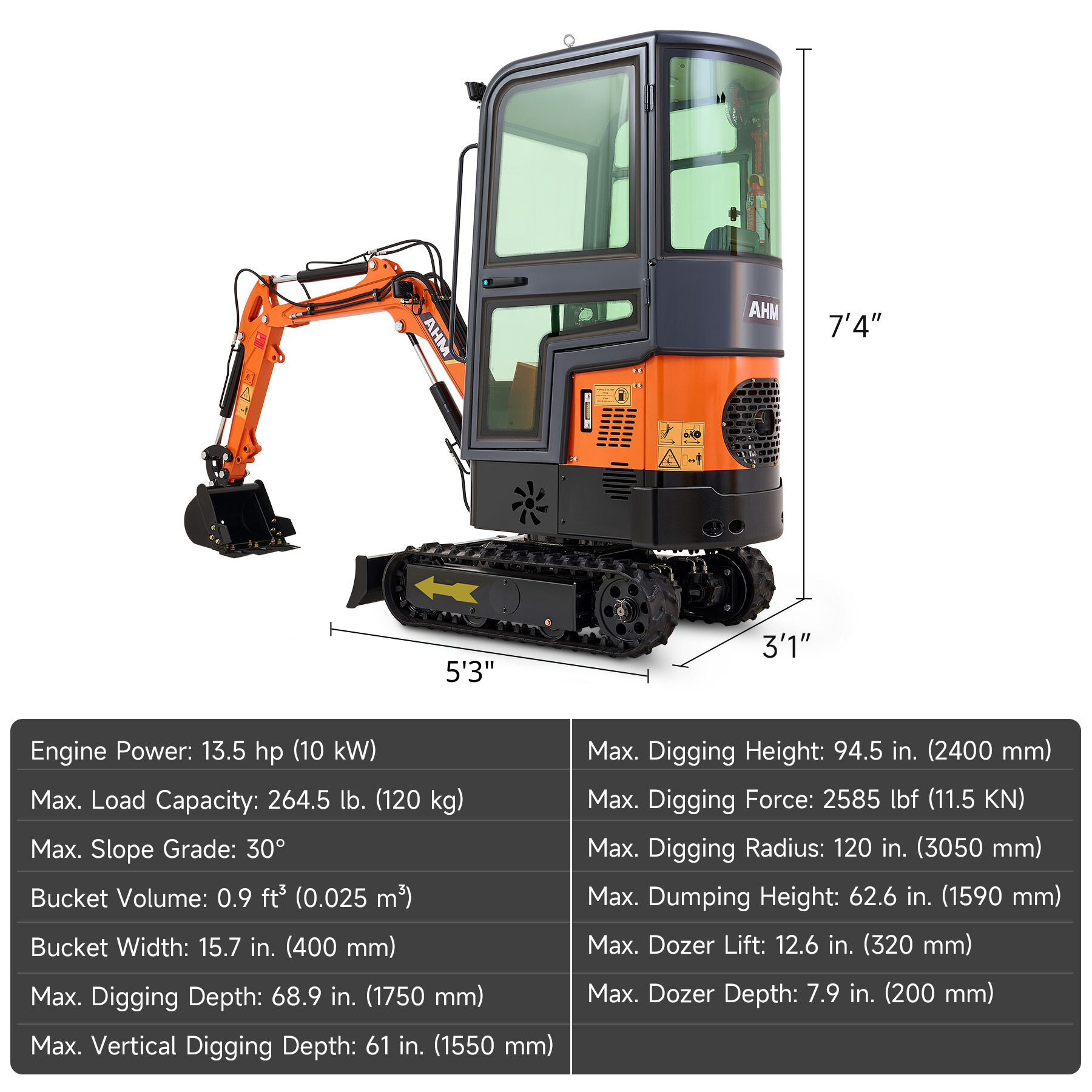 AX-12C | 13.5 HP B&S Engine Mini Excavator with Enclosed Cab