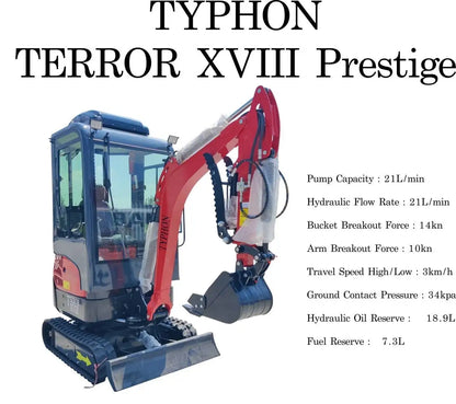 TYPHON TERROR XVIII Prestige 2 Ton Mini Excavator, KUBOTA D902 Diesel Engine USA