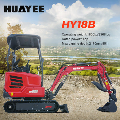 Mini Excavator with 14hp Kubota Engine | Hydraulic Thumb, Side Swing & Canopy | HUAYEE HY18B