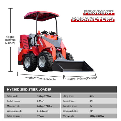 Mini Wheel Skid Steer Loader with 23 hp B&S Engine & Canopy | HUAYEE HY480D