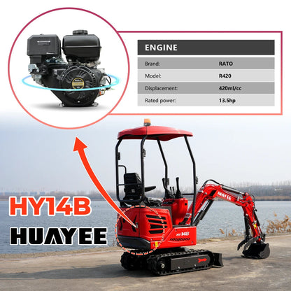 1.4-Ton Mini Excavator with Hydraulic Thumb Clamp & Canopy | 13.5 hp RATO Engine | HY14B